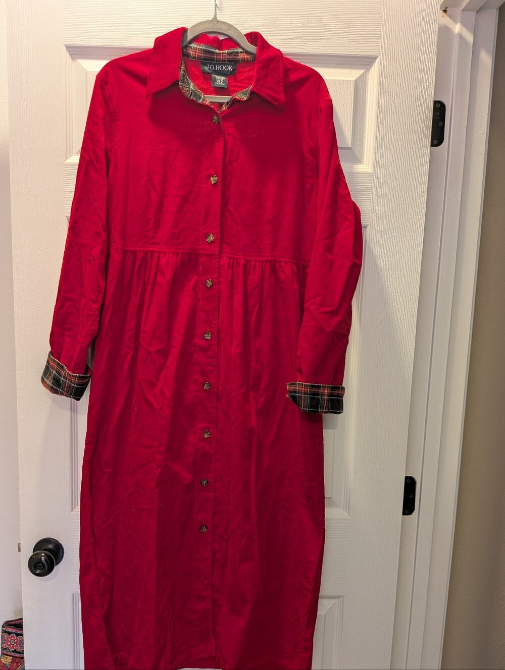 Vintage Red Corduroy Buttondown Teacher Academia Christmas Plaid Dress Cabin